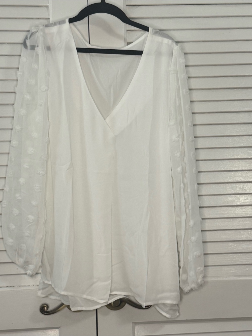 White V-Neck Chiffon Blouse with Sheer Dot Sleeves